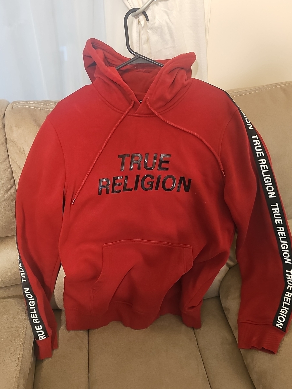 True Religion Men's Red Crewneck Hoodie with Logo Tape Sleeves